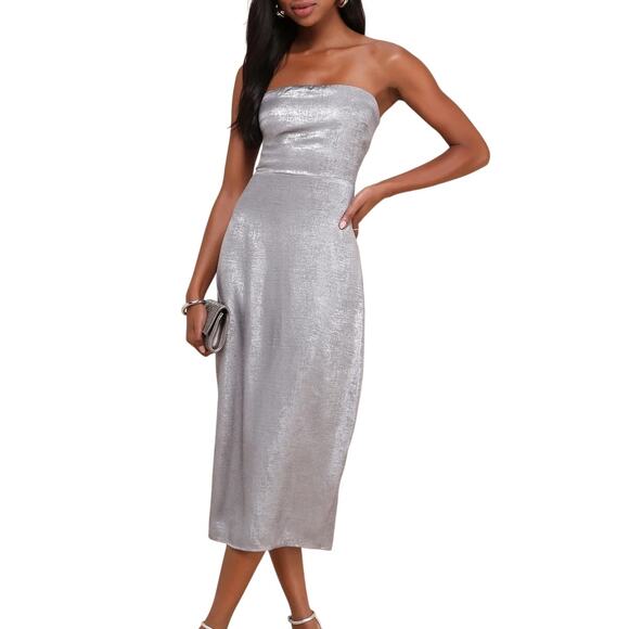 Lulus Dresses & Skirts - Lulu’s NWT Ideal Essence Shiny Silver Metallic Strapless Elegant Midi Dress